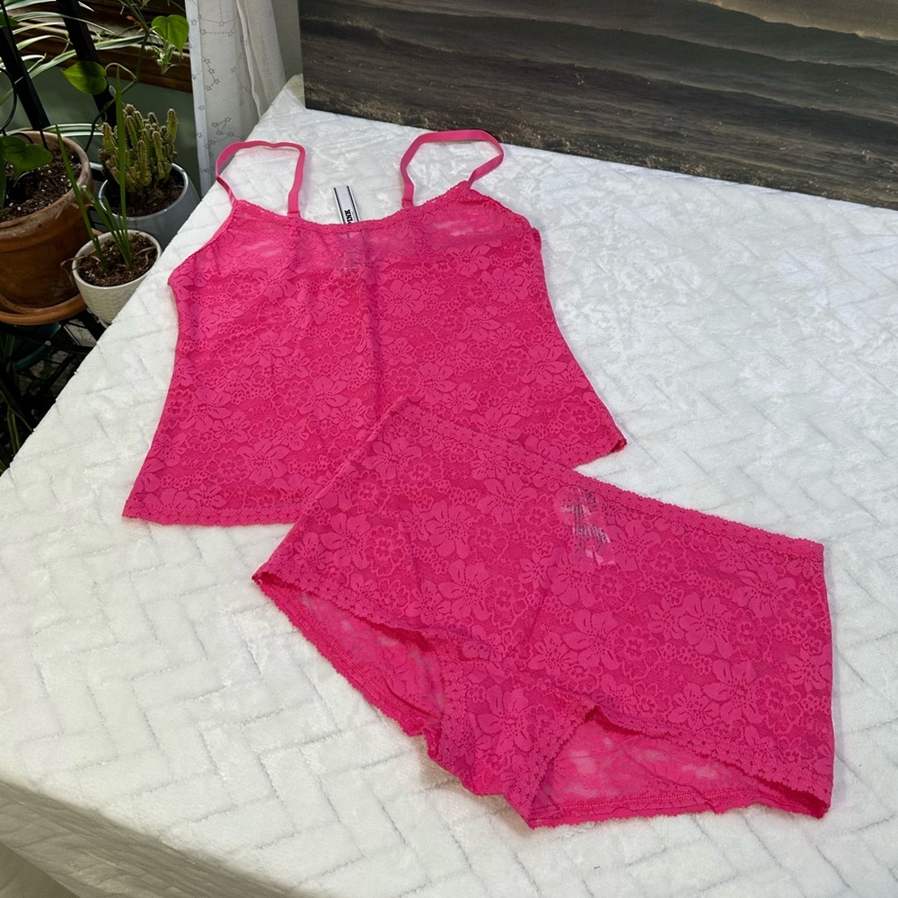 Nwt $29 Victorias Secret Pink Pretty Perfect Cami Lace Stretch Tank & Panty M